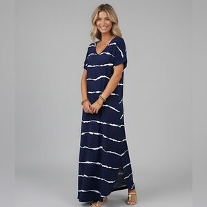 Blue Tie Dye Striped Curved Hem Tee Dress With Pockets